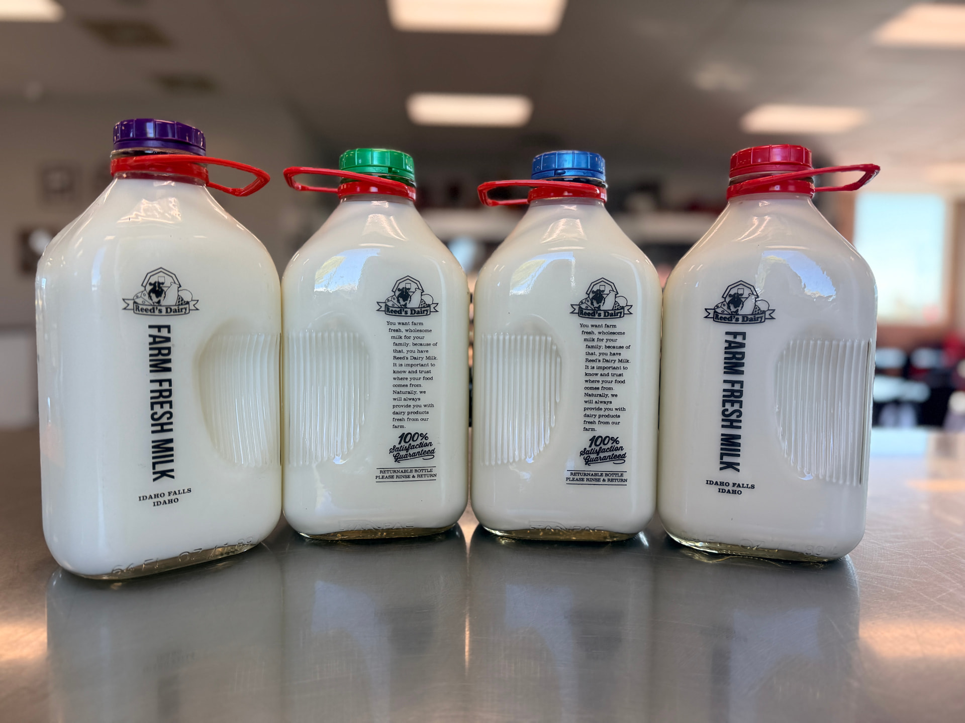 Glass bottles of Reed's Dairy fresh milk