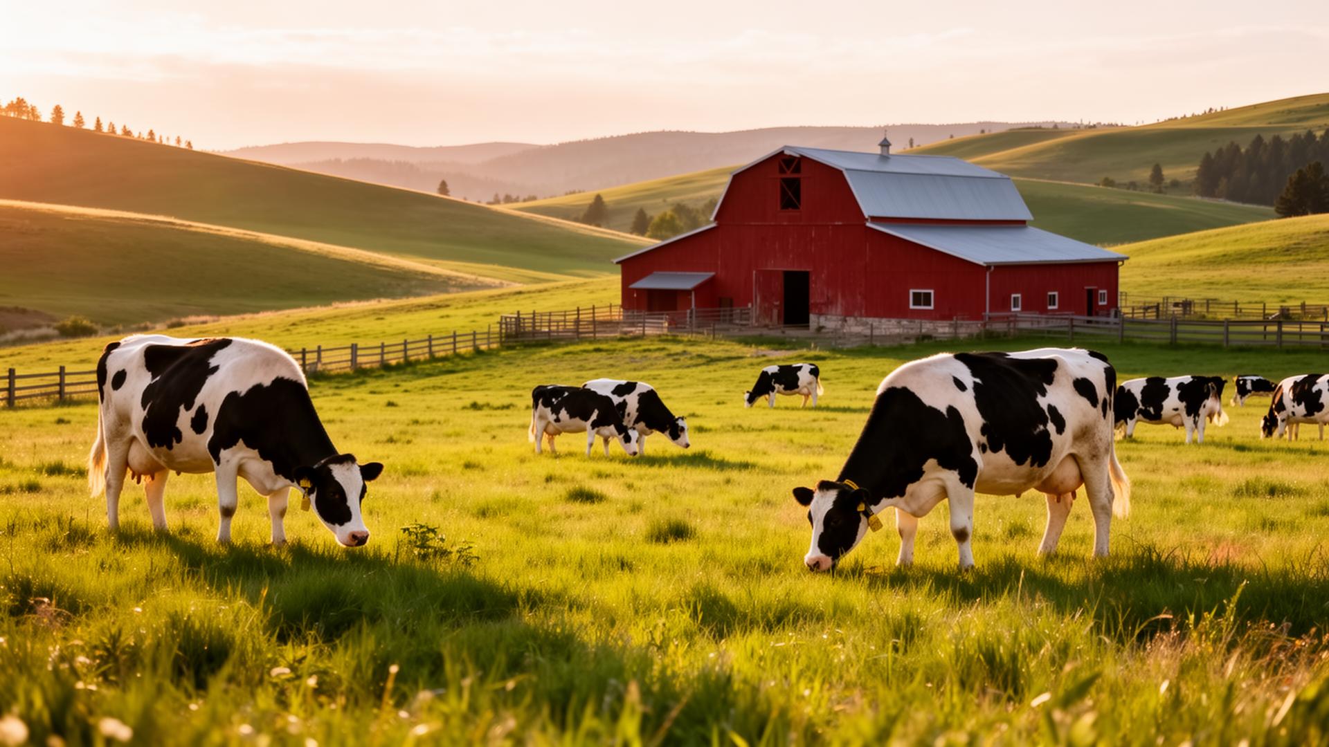 Reed's Dairy farm at golden hour with cows grazing in Idaho pasture